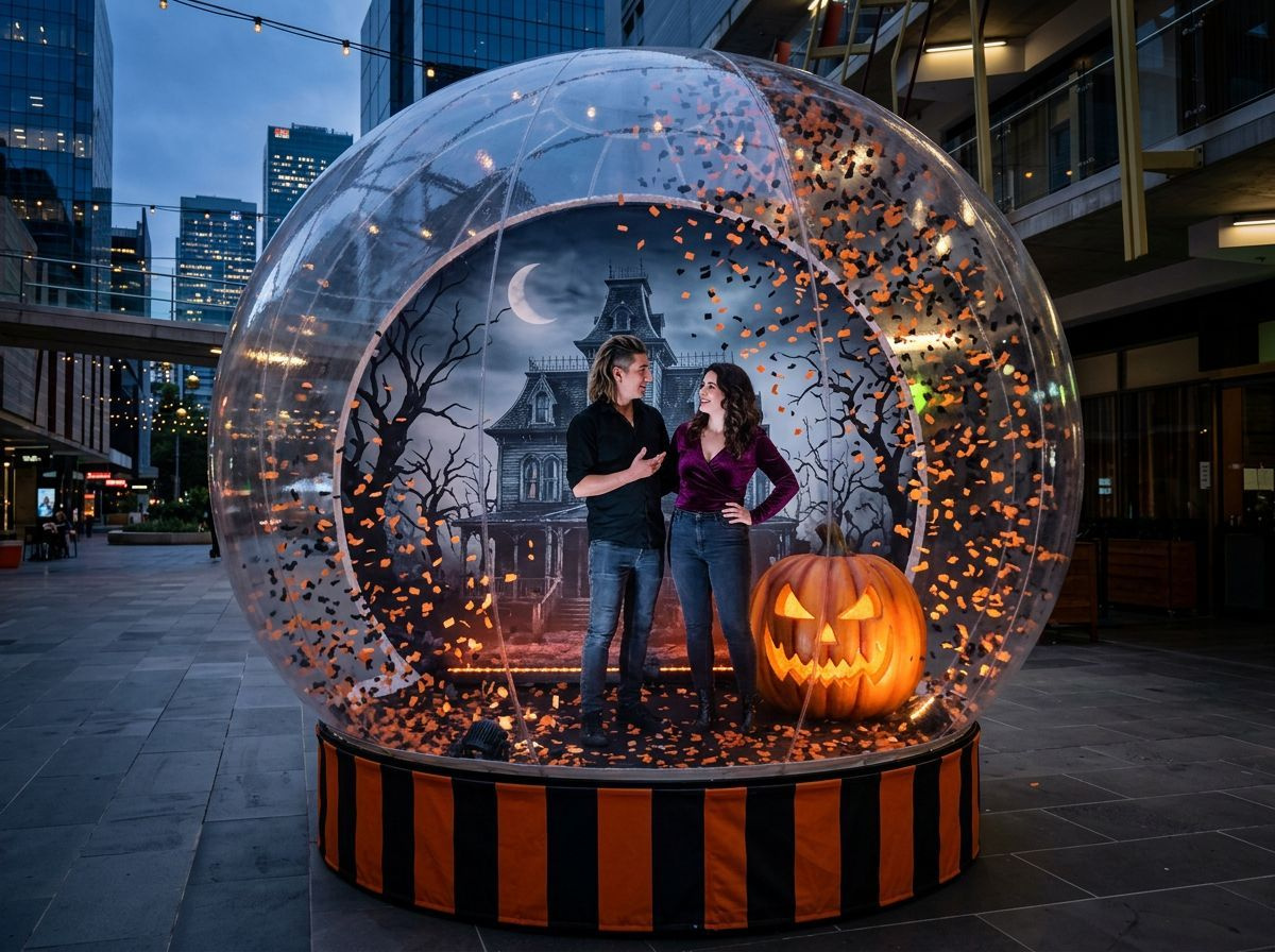 Halloween giant globe hire with haunted house backdrop, carved pumpkins and swirling orange and black confetti for October half term events