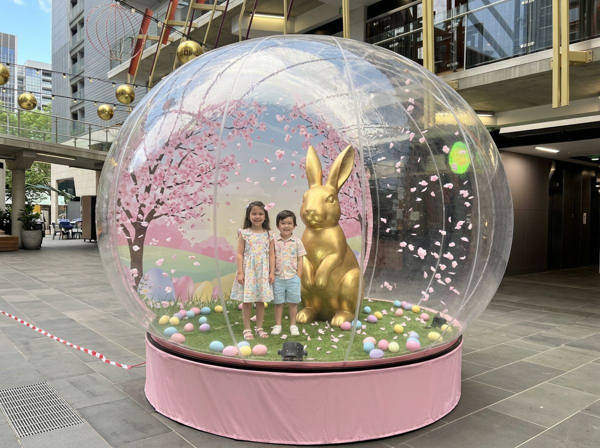 Easter giant snow globe hire with 5ft golden bunny, pastel eggs and swirling cherry blossom petals for spring family trails