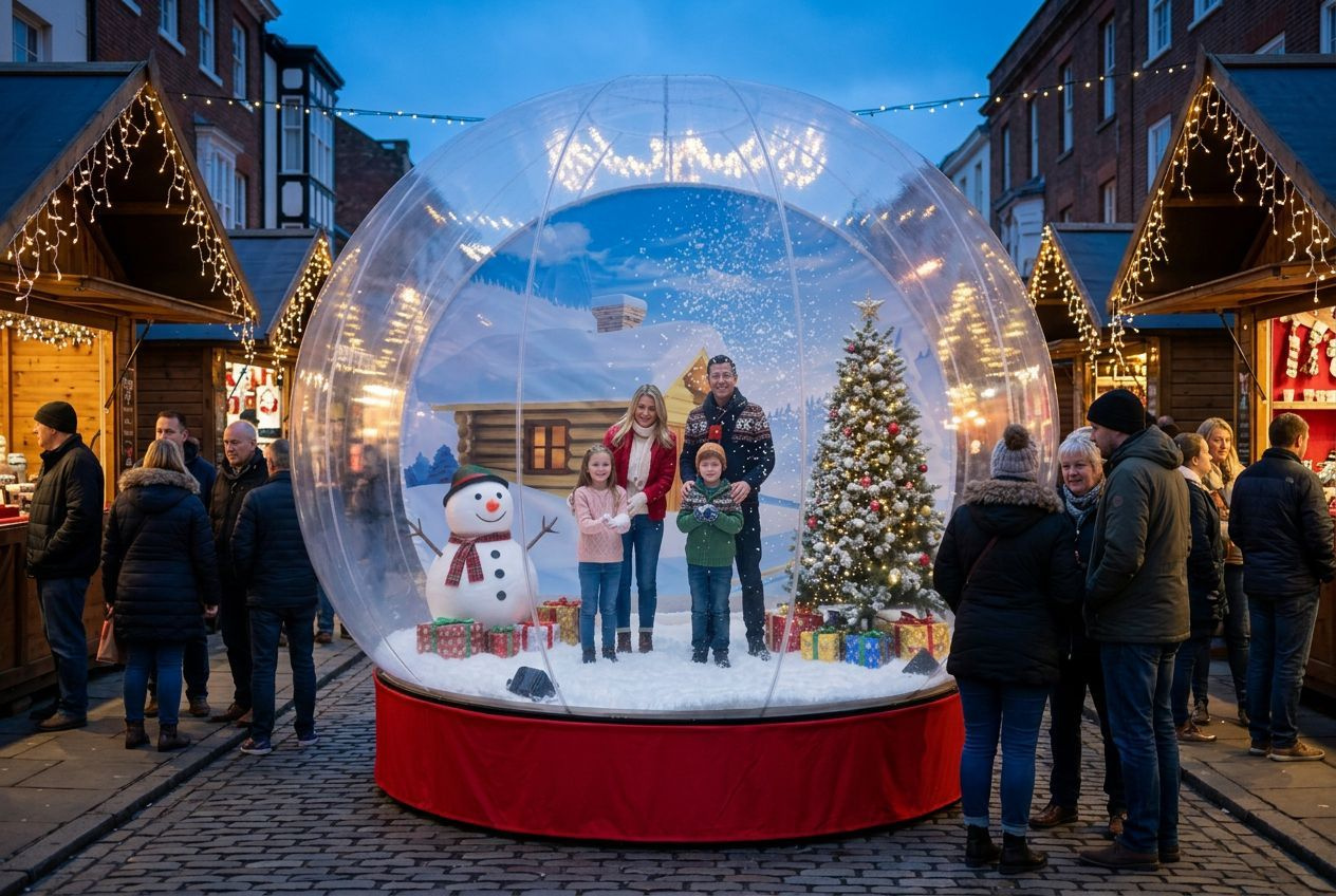 Illuminated giant snow globe at a UK Christmas market activation with a queue of visitors