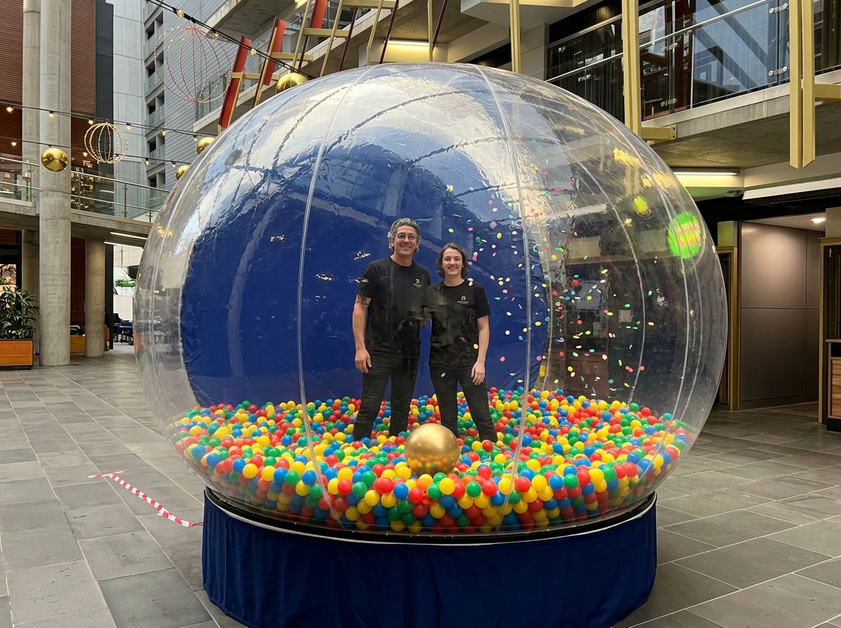 Golden Ball globe hire filled with 5,000 colourful balls and one golden ball for a timed retail prize game