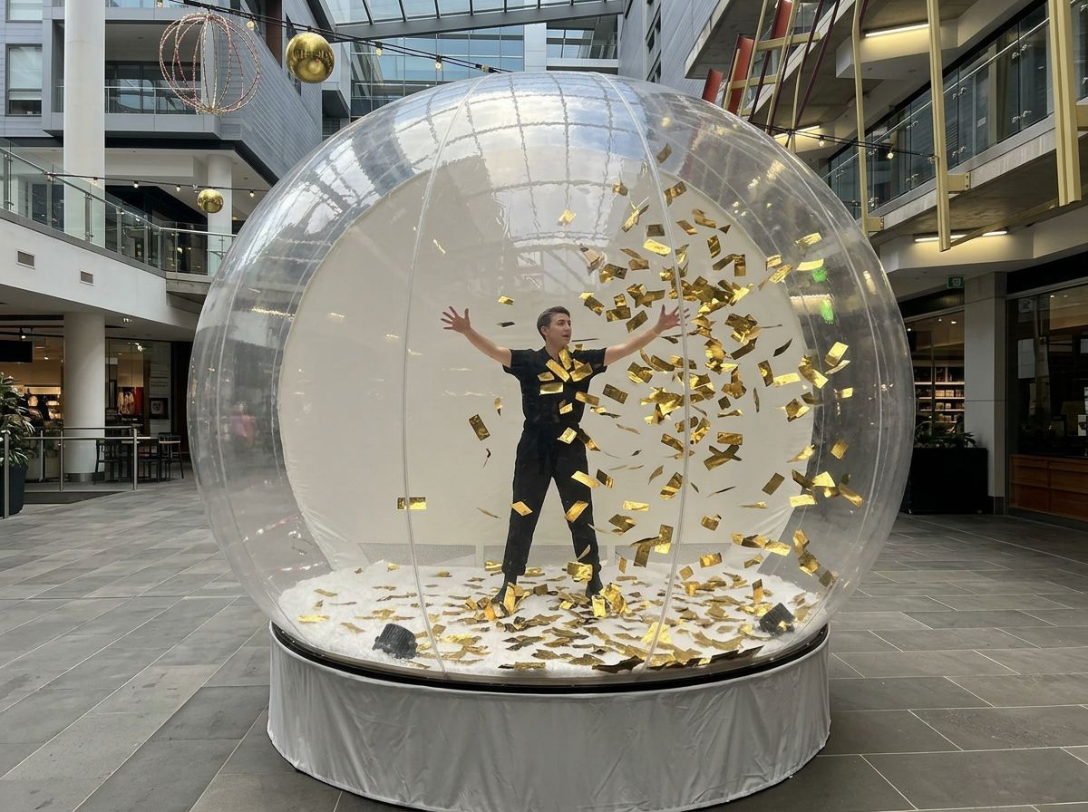 Cash Grabber globe hire with guests grabbing swirling gold vouchers and printed notes in a timed 30-second cash grab game