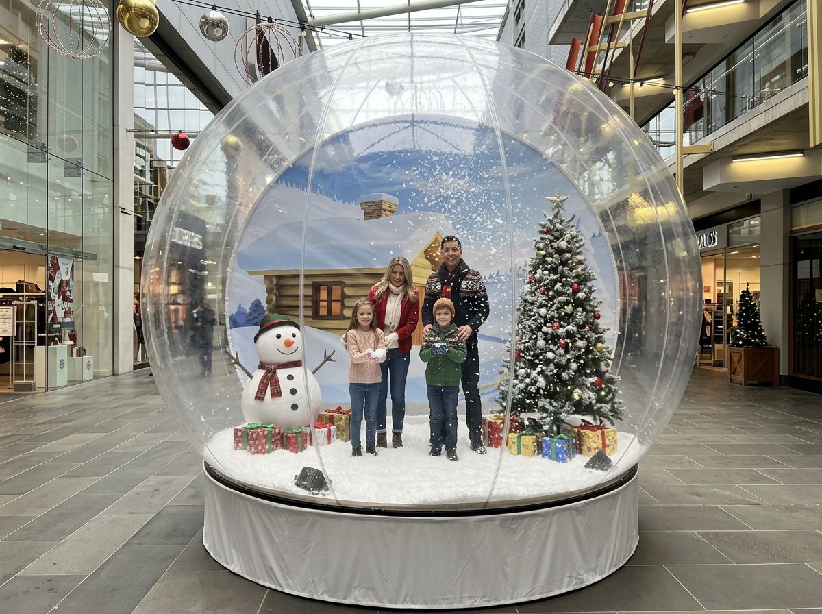 Illuminated 3.5 metre walk-in snow globe attraction hire sited on a shopping centre concourse