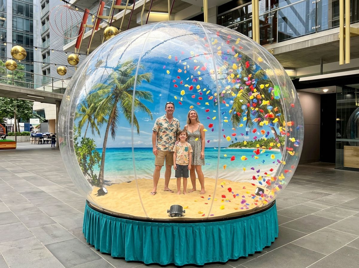 Summer giant globe hire with tropical beach backdrop, sand and swirling paper flowers for school holiday summer activations