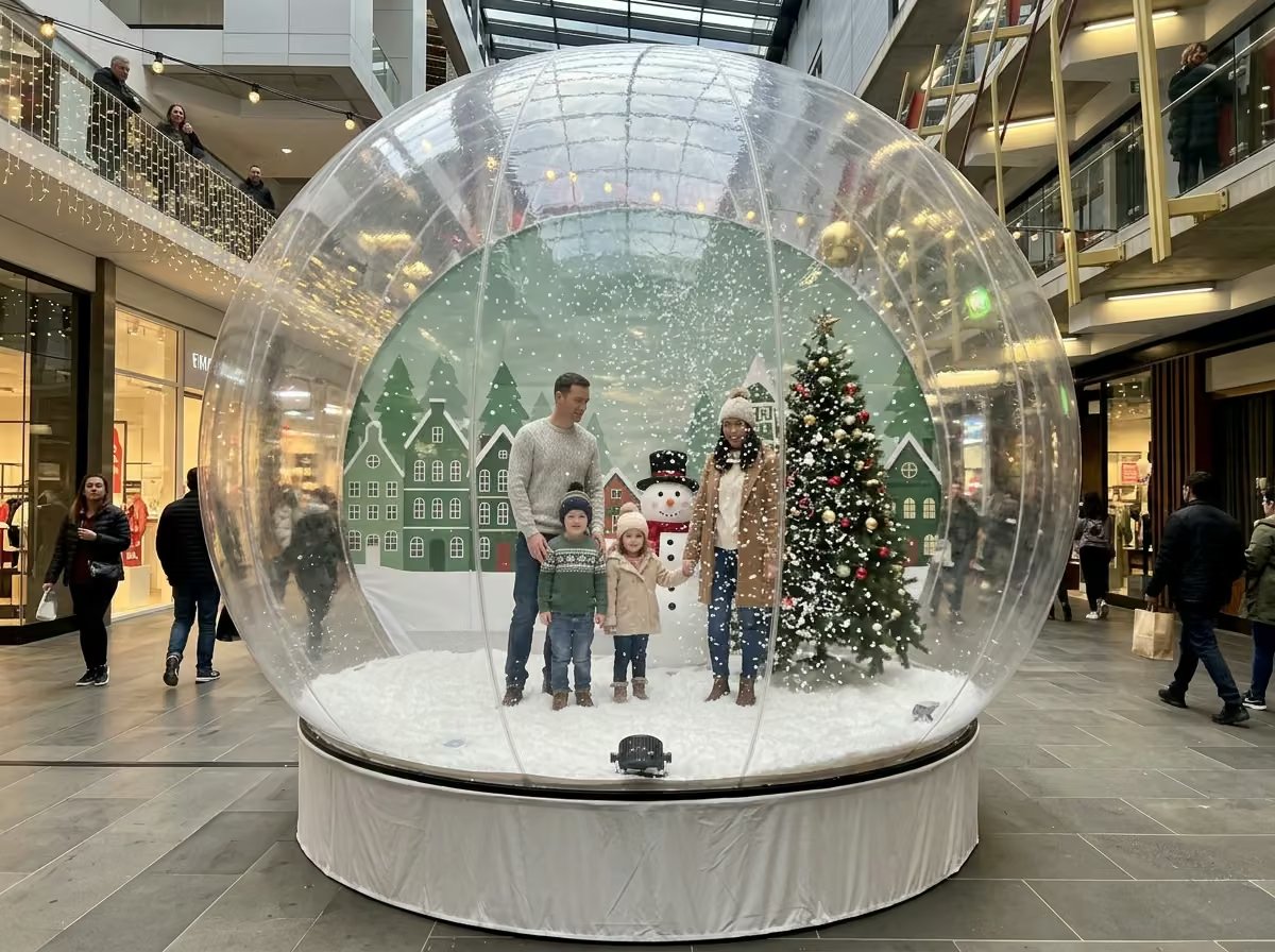 Guests inside a GlobeHire walk-in snow globe at a Christmas event