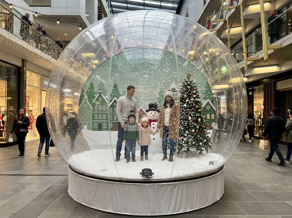 Giant 3.5m walk-in Christmas snow globe hire with snowman, 5ft Christmas tree and falling eco vegetable-starch artificial snow at a UK shopping centre