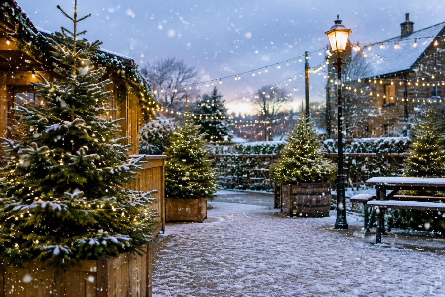 Illustration of a festive outdoor setting with falling snow; not a photograph of GlobeHire equipment or an installation