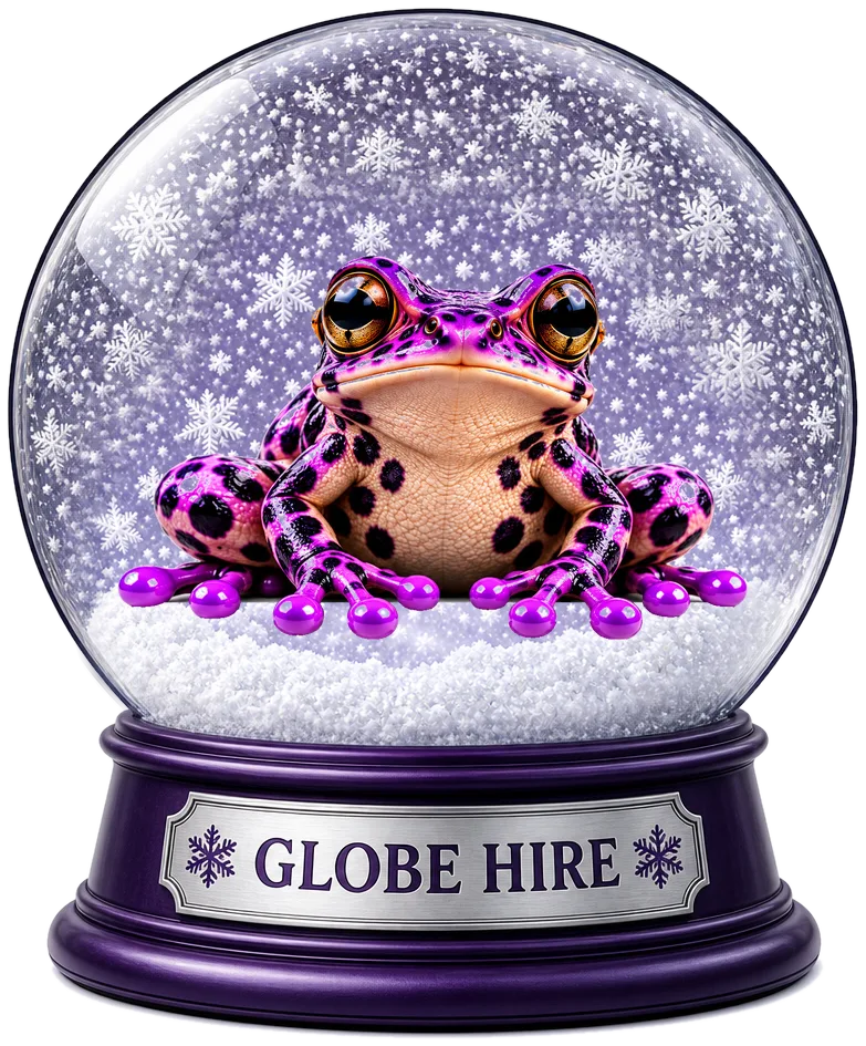 GlobeHire's spotted frog sitting inside a giant snow globe on a branded Globe Hire base